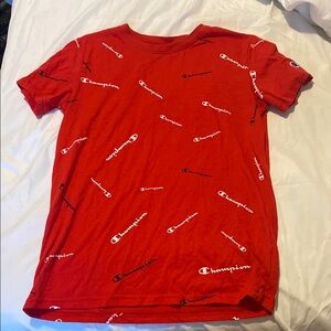 Champion Red Short Sleeve Tee with Logo Pattern